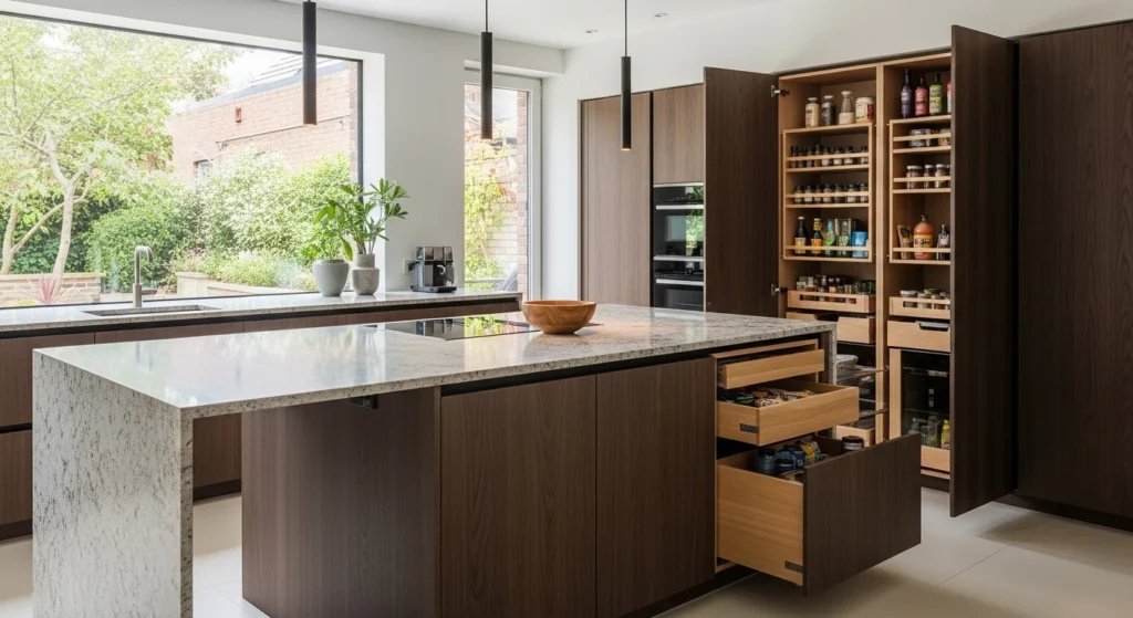 Modern kitchen island featuring concealed pantry storage on the backside.