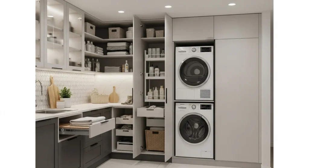 Pantry cabinet hiding small appliances inside modern laundry room