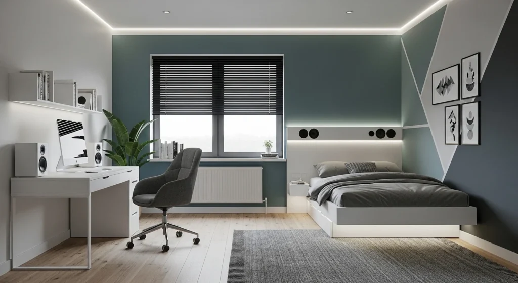 Modern teen bedroom with smart lighting and integrated tech features