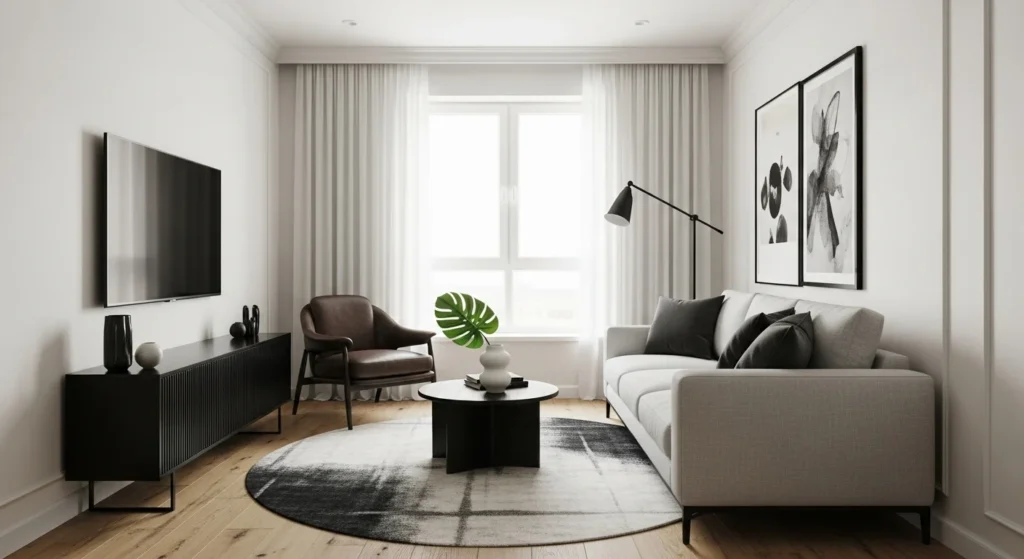 Apartment living room with dark accent decor, neutral base colors, and modern styling