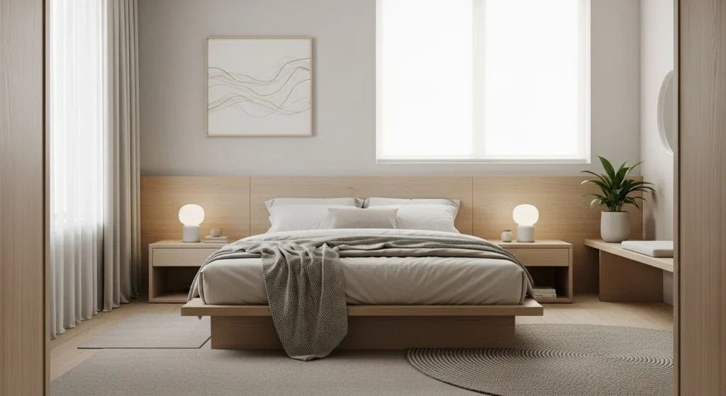 Zen-inspired guest bedroom with calm neutral tones and peaceful modern design