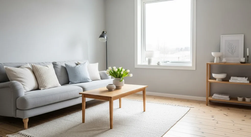 Gray industrial living room with concrete textures, metal accents, and warm lighting