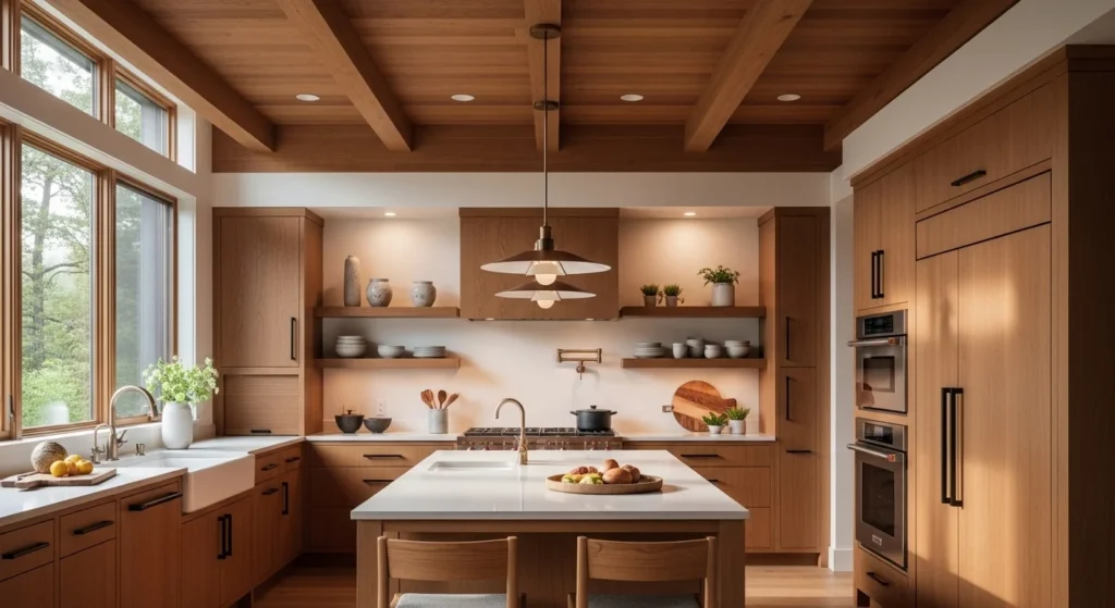 Modern kitchen with wooden ceiling panels, warm cozy 2026 interior