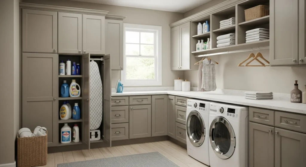 Laundry room with extra cabinets for cleaning and linens, functional 2026 interio