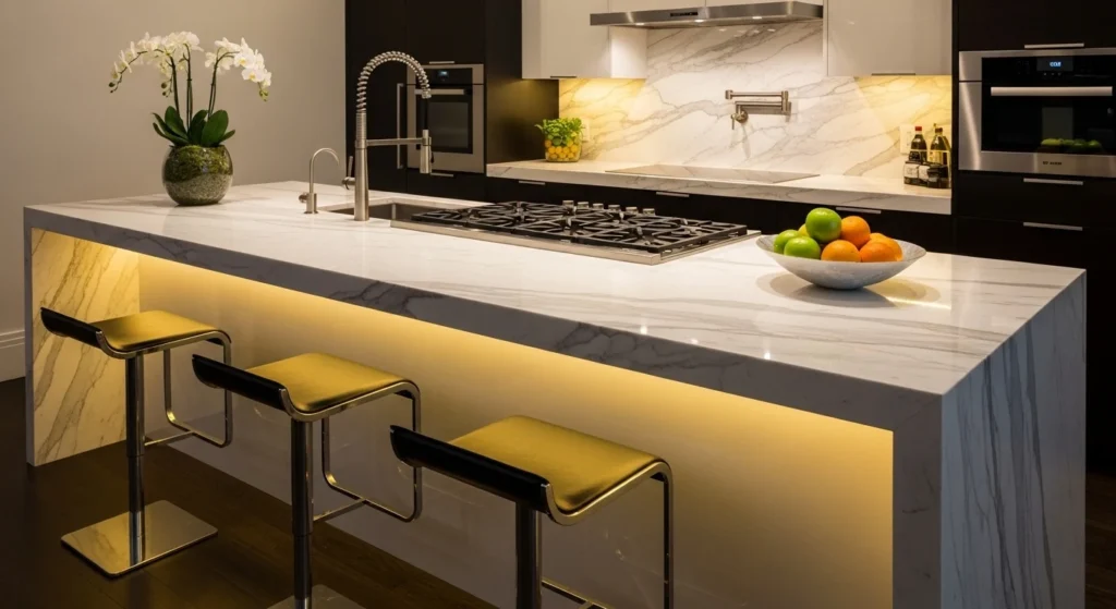 Kitchen counter enhanced with warm LED accent lighting