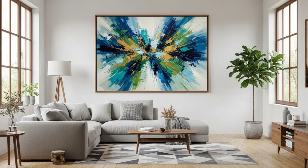 Living room featuring large statement wall art