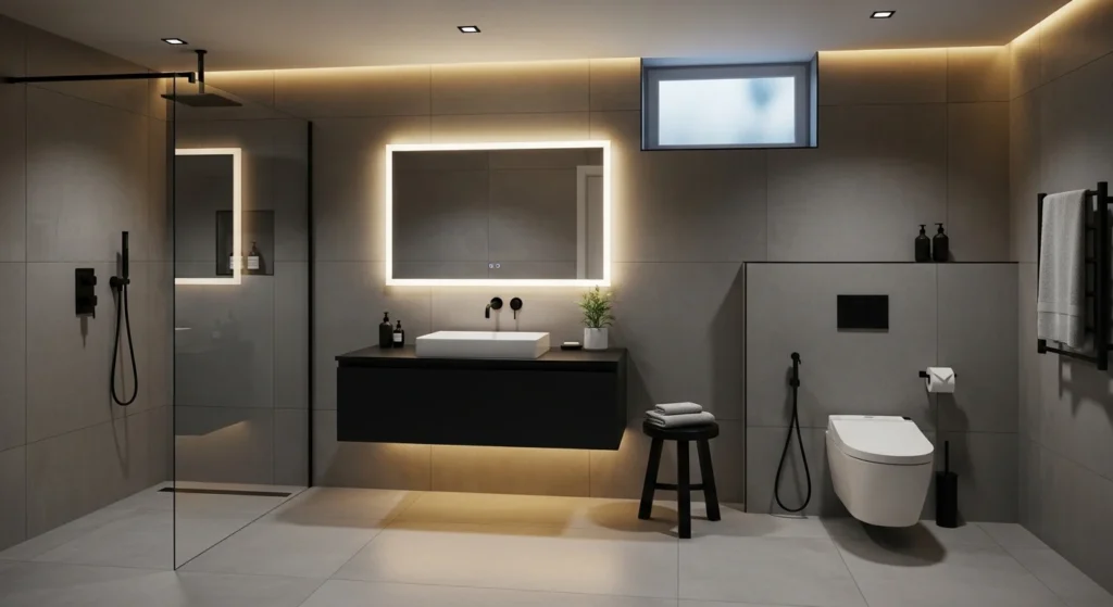 Basement bathroom featuring built-in wall niches in shower area for storage