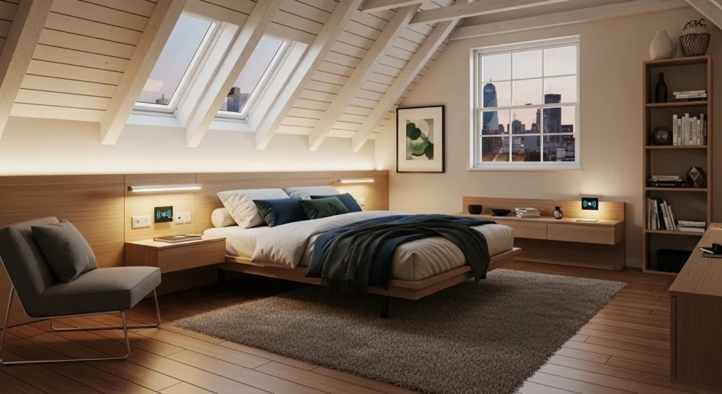 Attic bedroom with built-in nightstands next to the bed