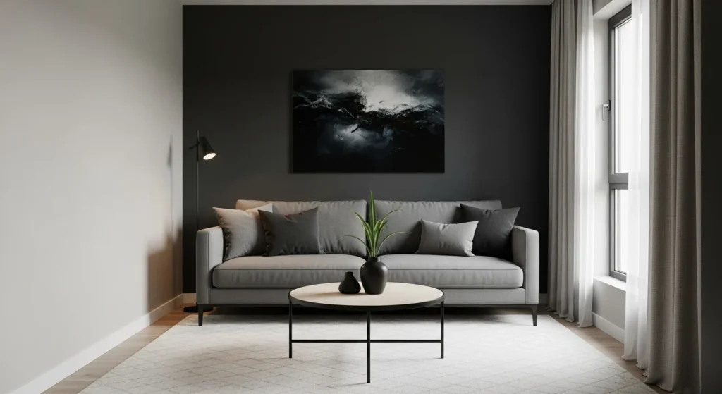 Compact living room with dark accent decor balanced against a neutral color base