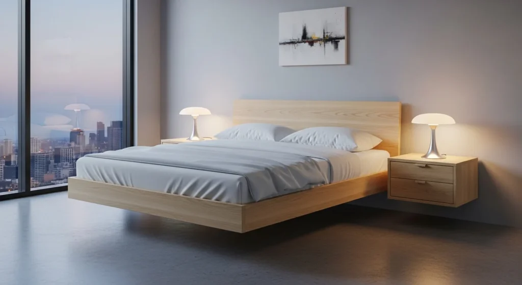 Bedroom with floating bed and nightstands, modern minimalist interior