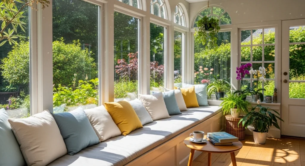 Sunroom with built-in bench seating and cushions