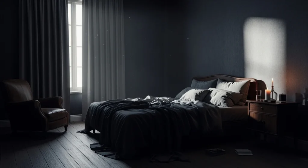 Moody bedroom showcasing dramatic shadow play with lighting
