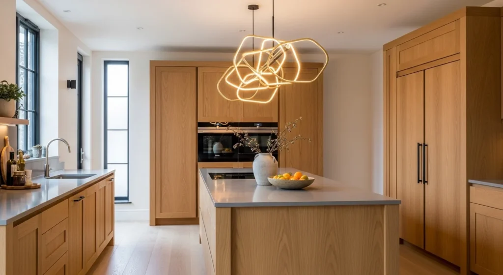 Oak kitchen enhanced with statement pendant lighting