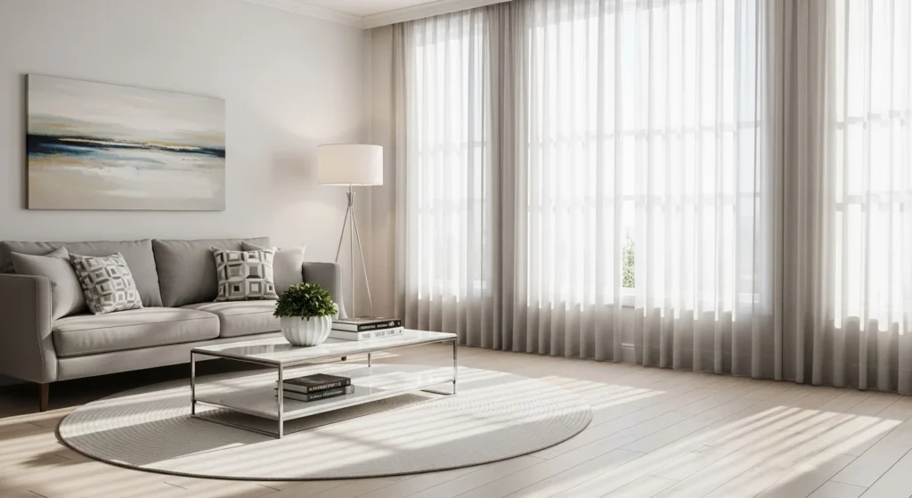 Living room with light-filtering curtains maintaining brightness
