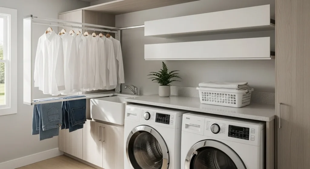 Laundry room with fold-down shelves for flexible space-saving storage