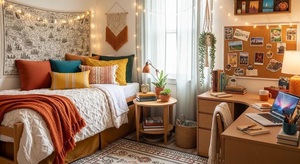 Dorm room decorated with a cohesive theme and color palette