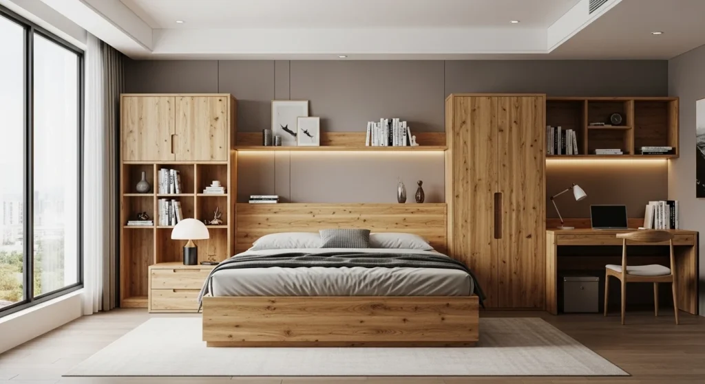 Wooden bed with built-in storage headboard for practical use