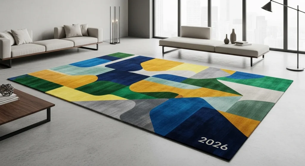 Living room rug featuring organic leaf and floral patterns