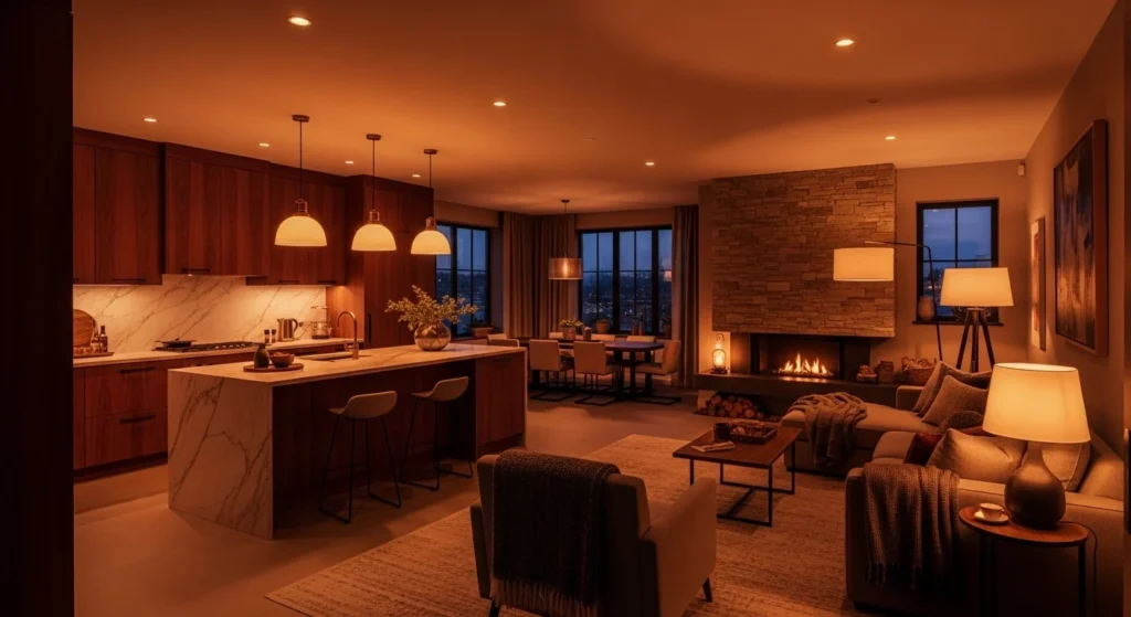 Open kitchen living room with warm layered lighting creating a cozy evening atmosphere