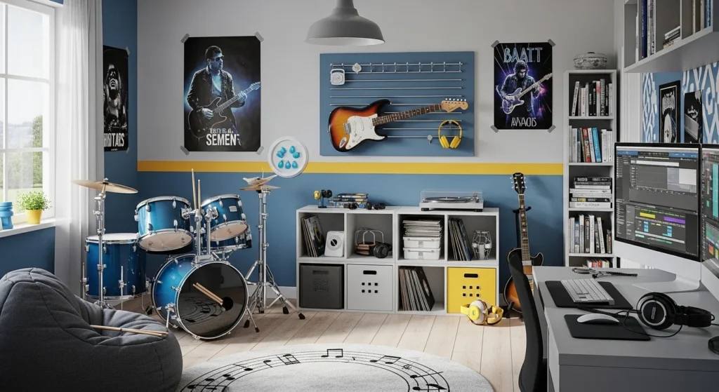 Boys bedroom featuring instruments, storage, and music-inspired decor