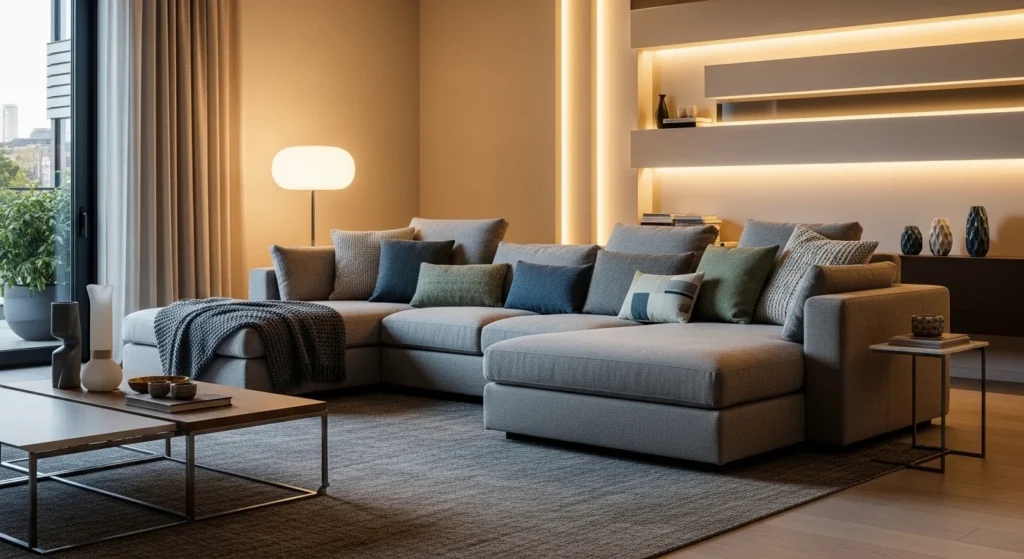 orner chaise sofa in modern living room with layered cushions