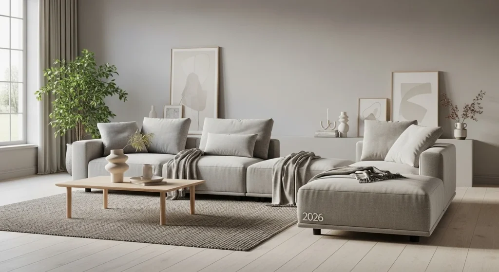 Stone-colored modern minimal sofa in neutral living room