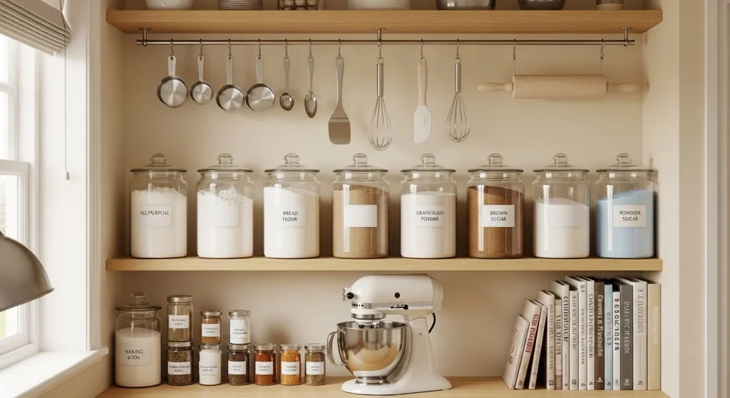 Kitchen pantry organized with baking supplies and ingredients