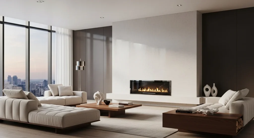 Elegant living room featuring minimalist modern fireplace