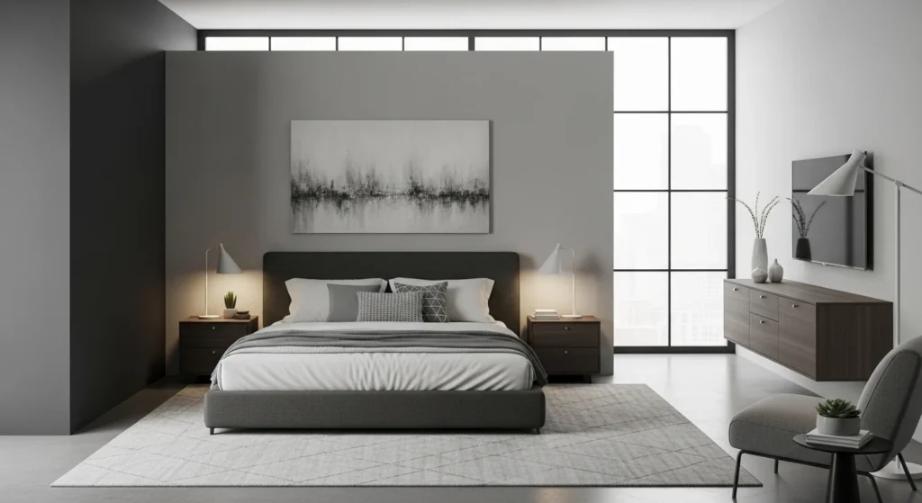 Contemporary gray bedroom with modern furniture and clean lines