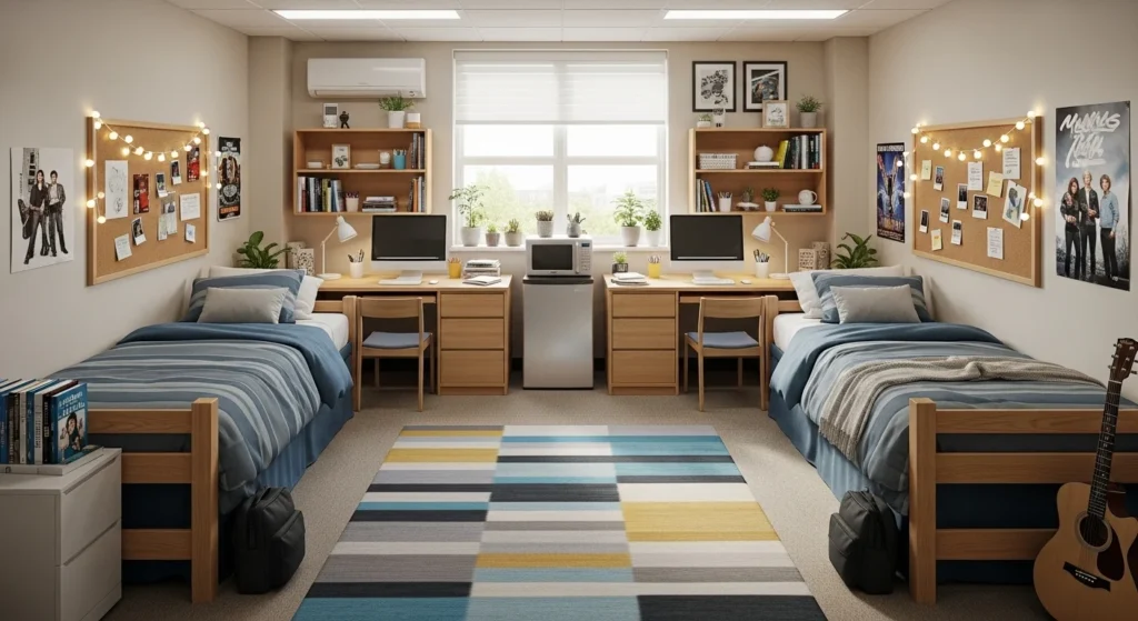 College dorm room shared by roommates with balanced layout and coordinated decor
