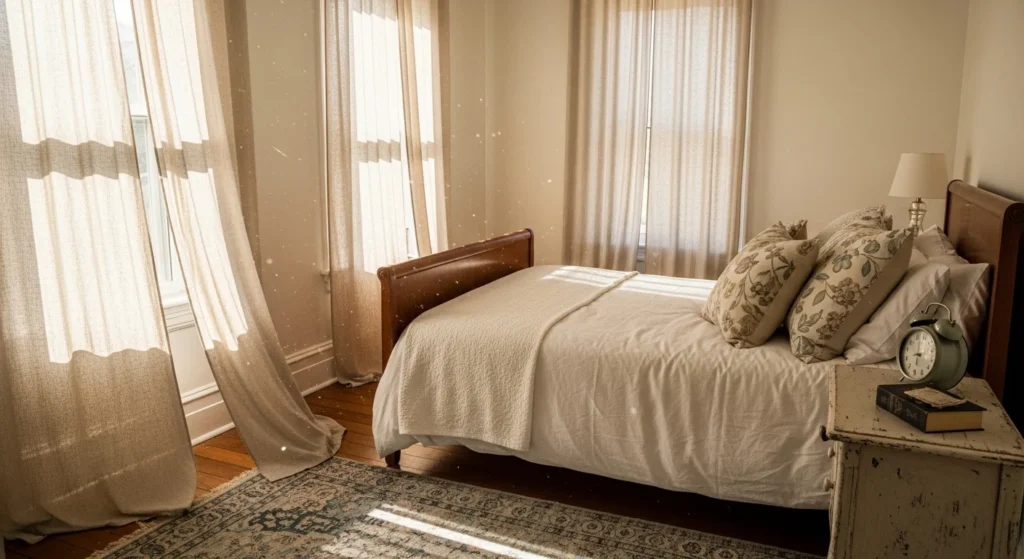 Vintage bedroom with long flowing linen curtains and natural light