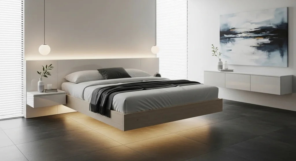 Modern bedroom featuring floating bed frame with LED underglow