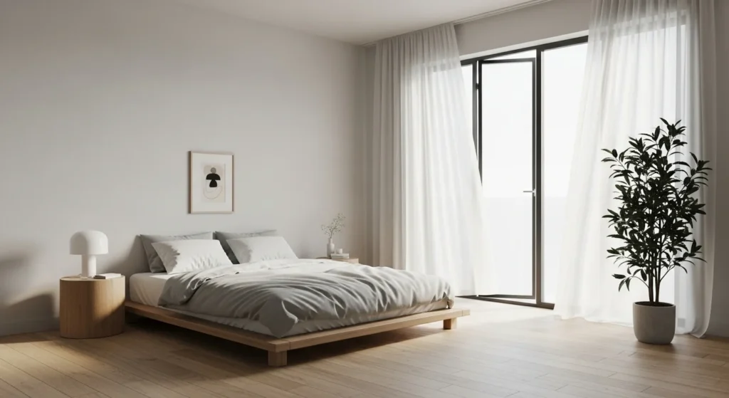 Minimalist bedroom with open layout, simple furniture, and an airy calm atmosphere