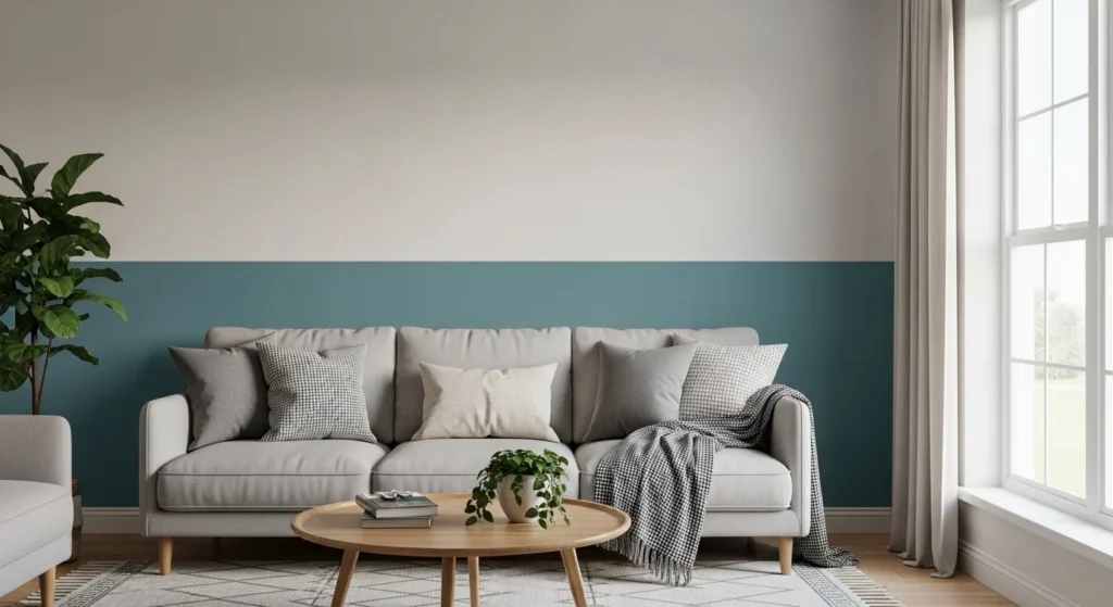 Living room with two-tone walls, neutral above and accent behind sofa