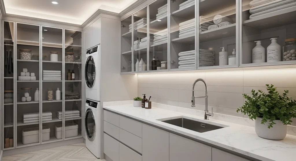 Modern laundry room featuring glass-front cabinets and organized shelves