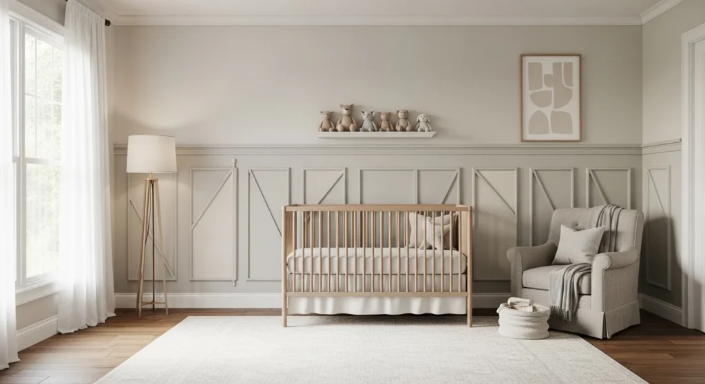 Nursery featuring textured wall panels and neutral color palette