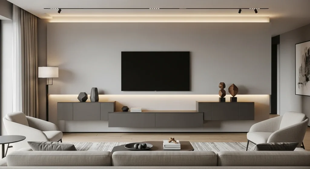 Contemporary parlor with wall-mounted TV, floating cabinets, and neutral furniture