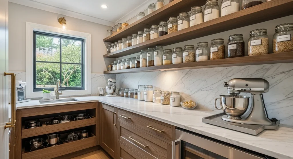 Kitchen pantry with marble countertop for baking and organized storage