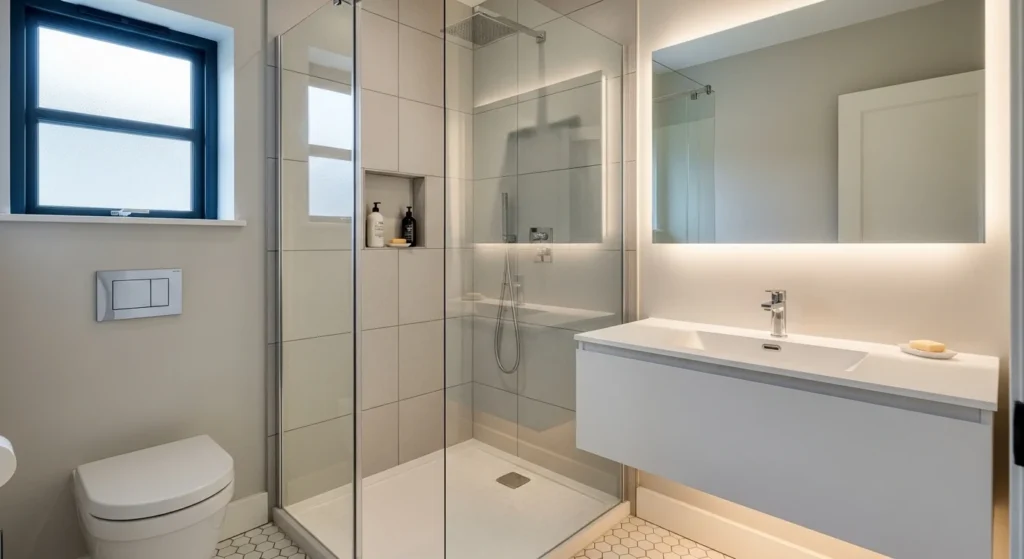 Small bathroom corner shower with sliding glass doors and efficient layout