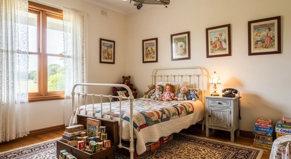 classic vintage children bedroom with warm wooden furniture