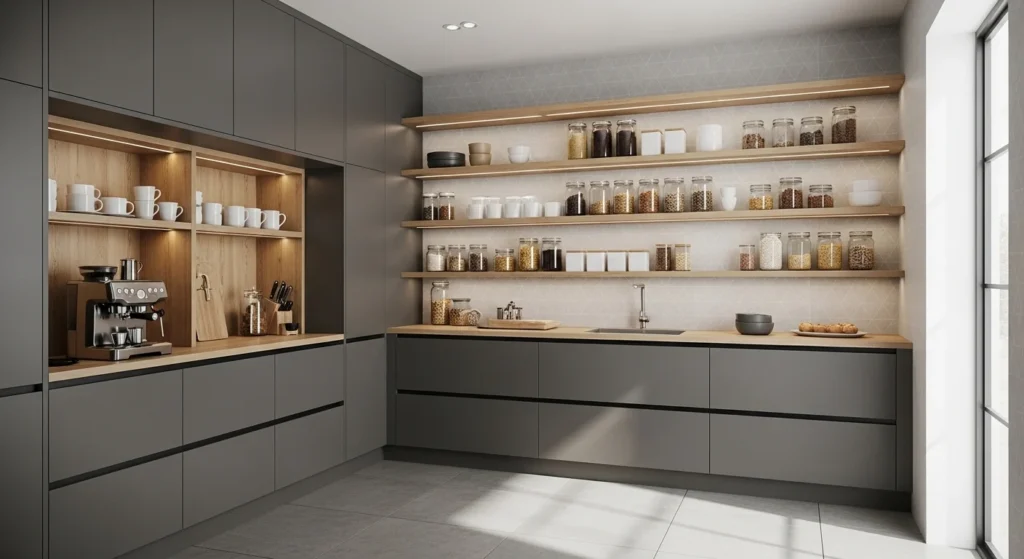 Organized open kitchen featuring full pantry wall storage system