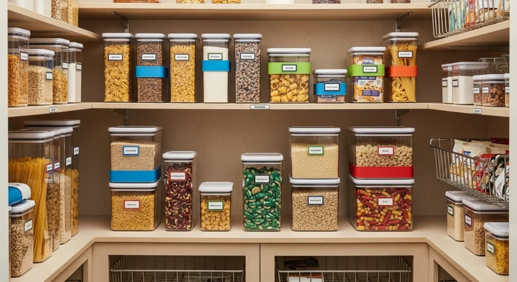 Small pantry with color-coded containers for efficient and visual organization