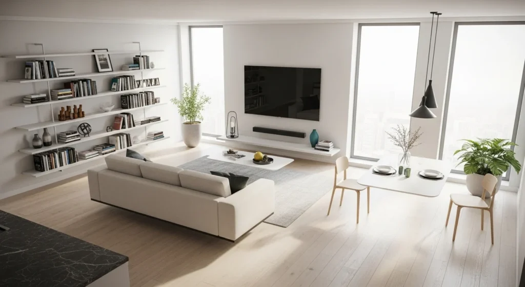 Modern apartment furniture arrangement placed away from walls for open flow
