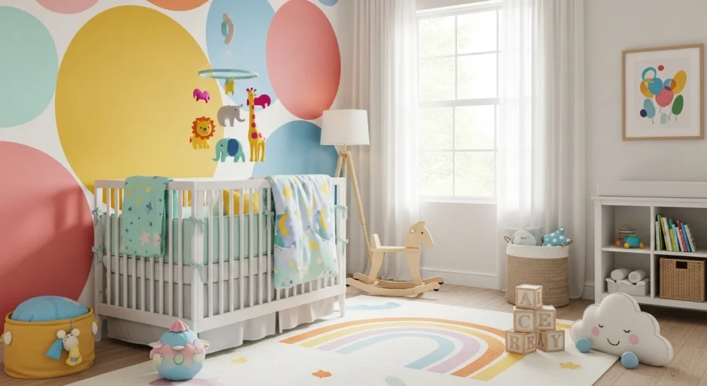 Nursery with colorful accent decor, playful toys, bright cheerful 2026 baby room