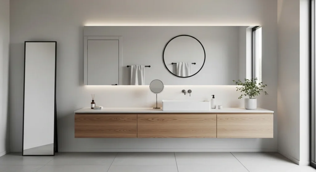 Small bathroom with floating cabinet under sink, minimalist modern interior 2026