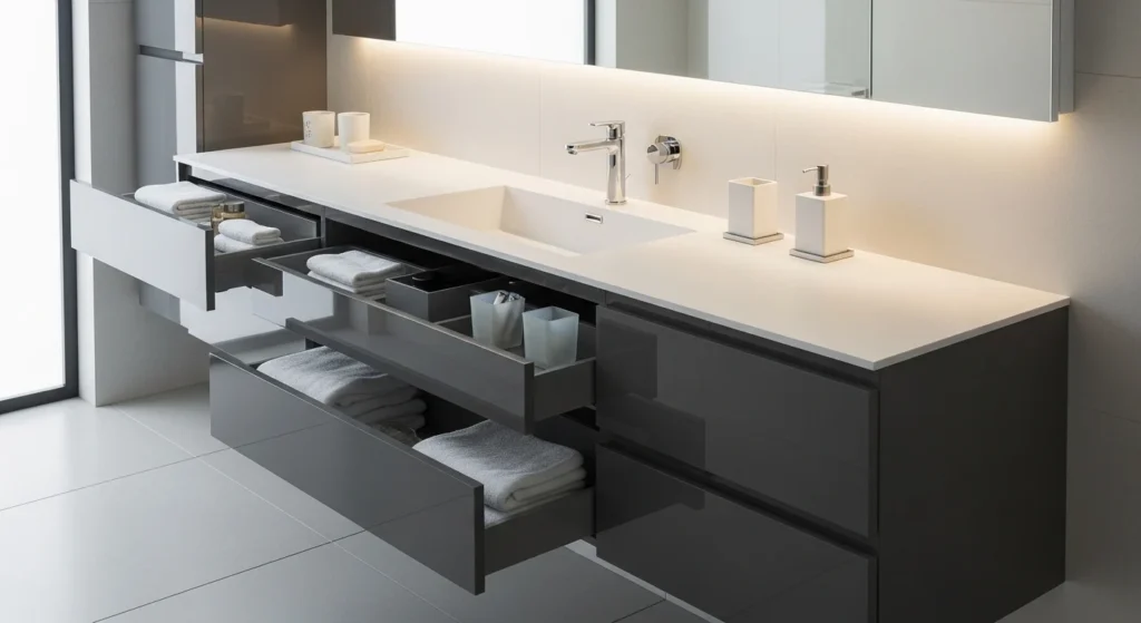 Modern bathroom vanity with built-in storage keeping sink area organized