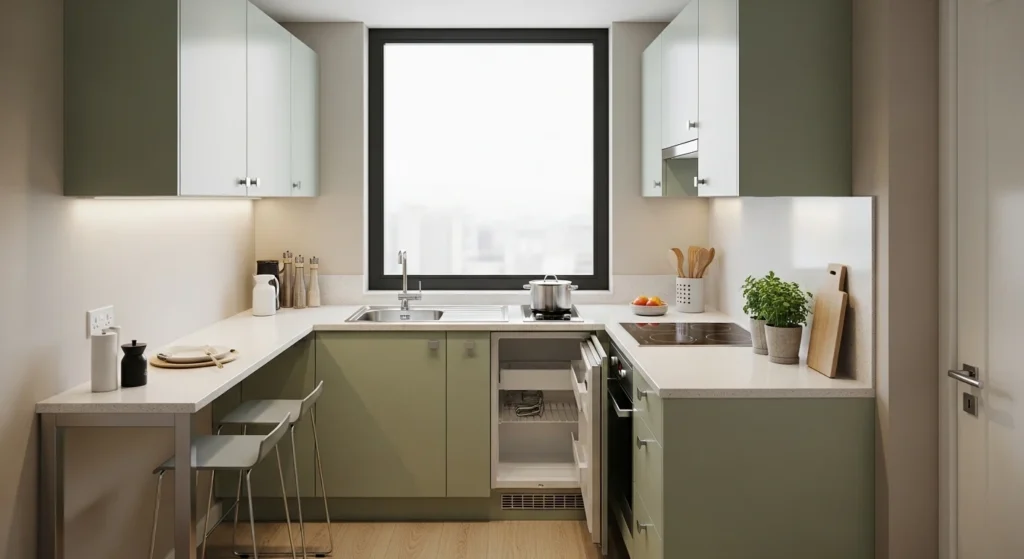 Compact apartment kitchen with light green cabinets creating open airy feel