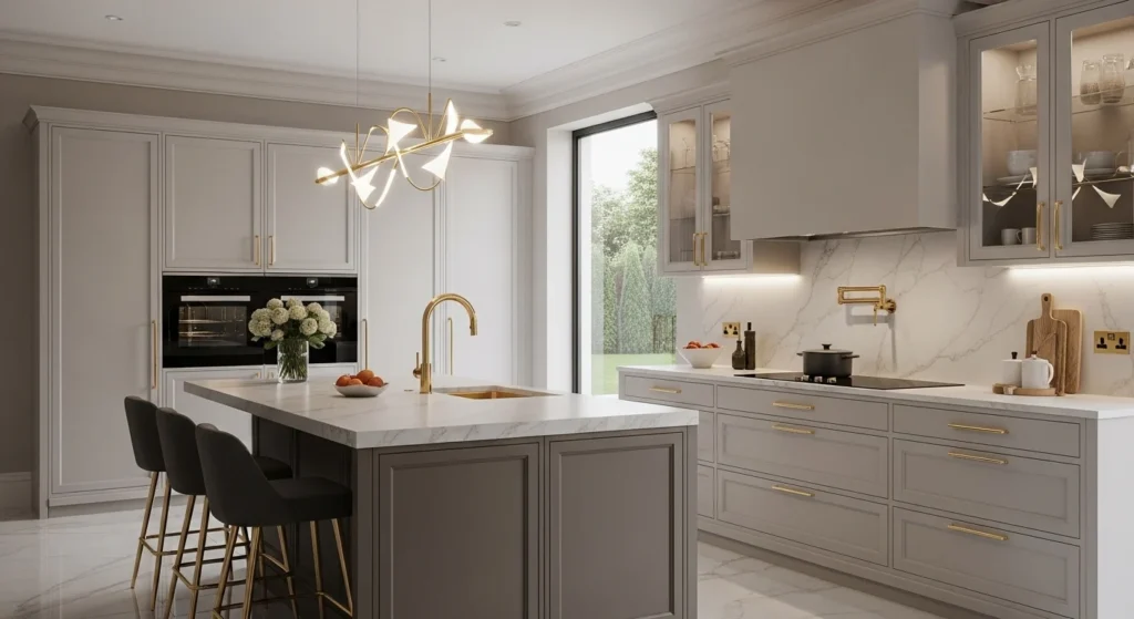 Elegant kitchen featuring gold hardware and neutral cabinets in modern 2026 style