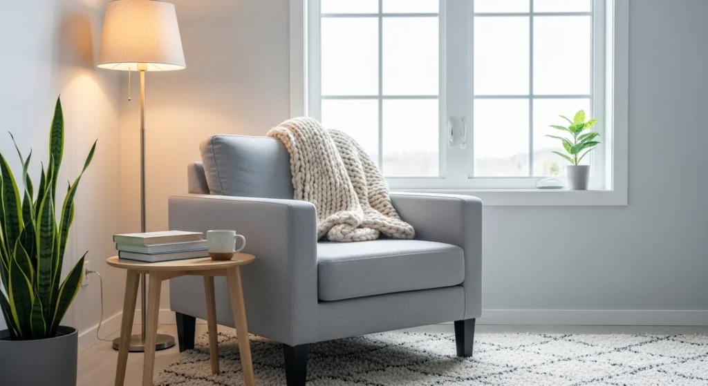 Cozy Nordic reading corner with armchair and natural light