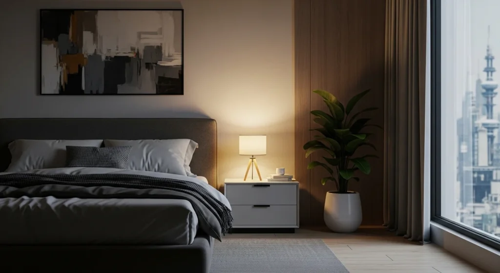 Bedside floating shelf styled with compact lamp and modern decor accents